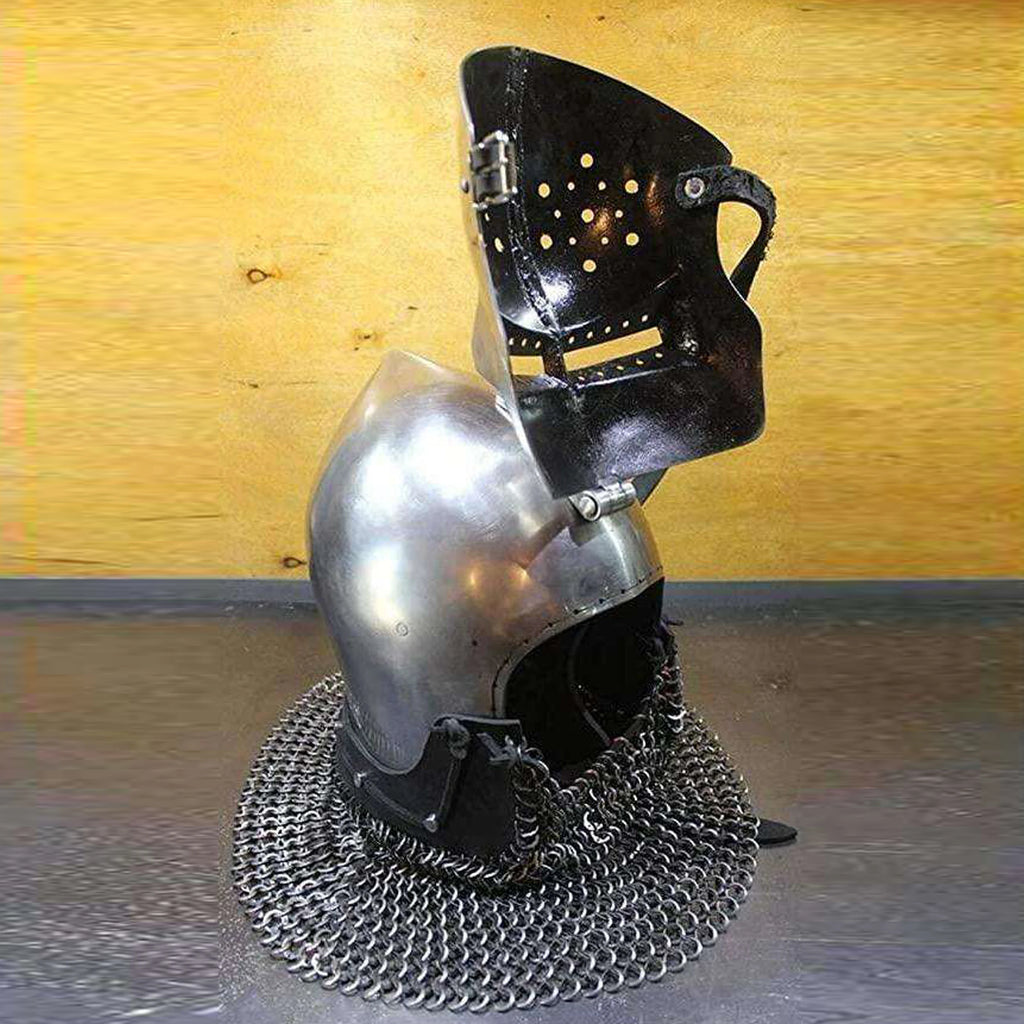 Medieval Faced Bascinet Chainmail Helmet Mild Steel Armor Elegant Antique Plating Knight Helmet for Battle Cosplay Collector