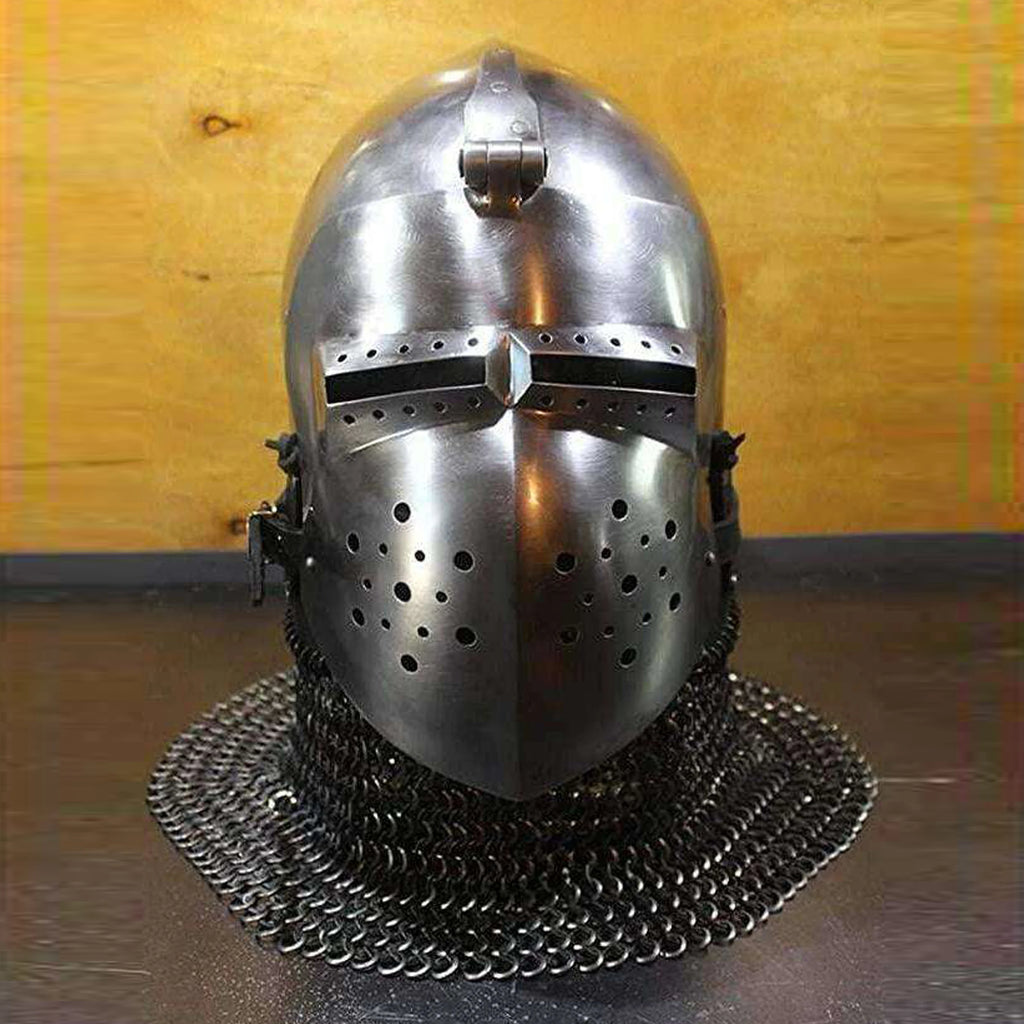 Medieval Faced Bascinet Chainmail Helmet Mild Steel Armor Elegant Antique Plating Knight Helmet for Battle Cosplay Collector