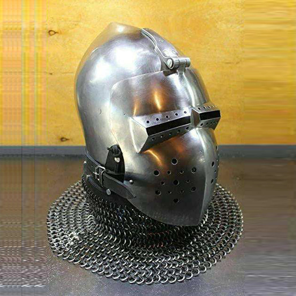 Medieval Faced Bascinet Chainmail Helmet Mild Steel Armor Elegant Antique Plating Knight Helmet for Battle Cosplay Collector