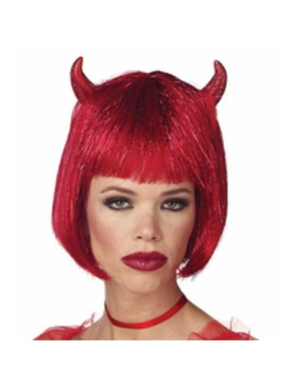 Adult Red Devil Shimmer Wig With Horns by Masquerade