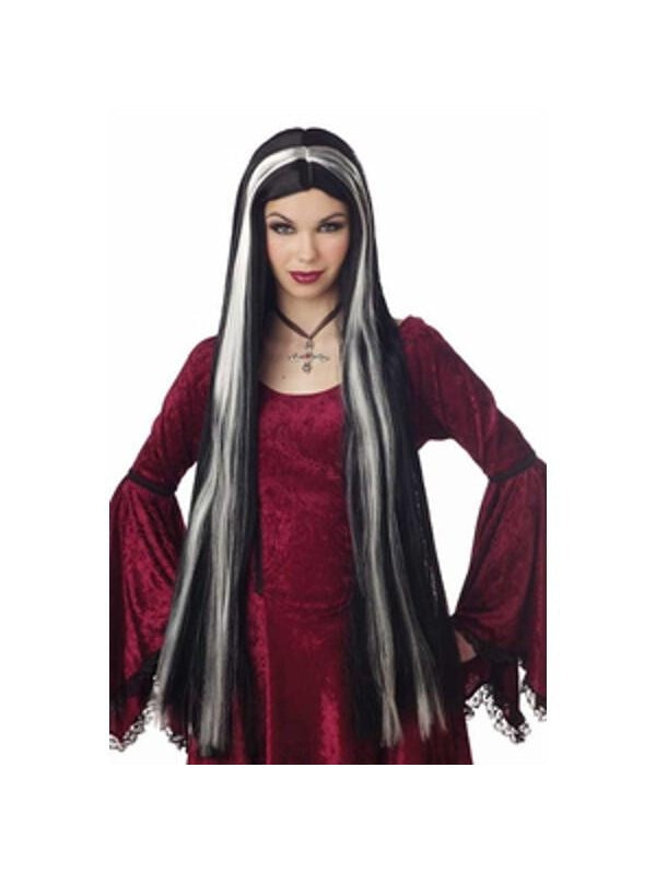 Adult Super Long Black Wig With White Streaks by Masquerade