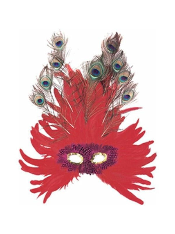 Adult Red Feather Peacock Eye Mask by Masquerade