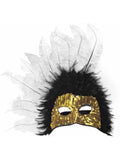 Adult Black & White Feather Gold Sequin Half Mask by Masquerade