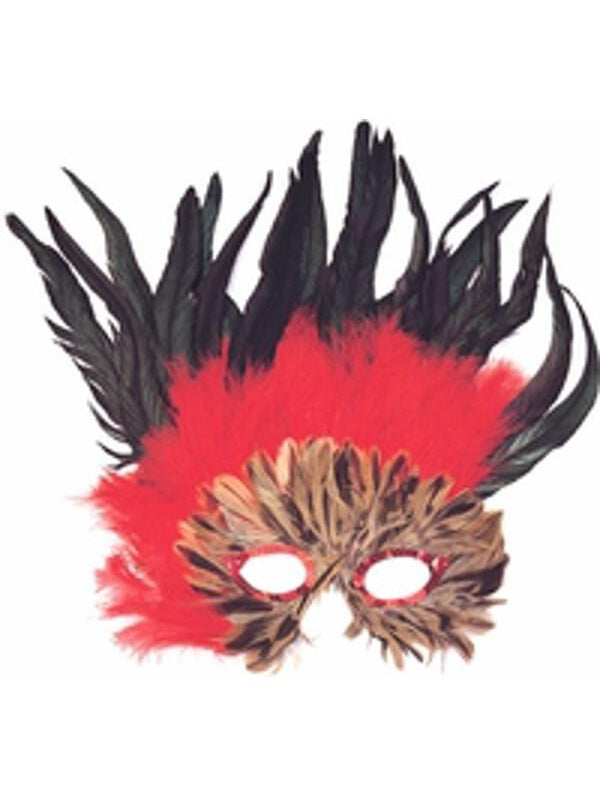 Adult Red & Black Feather Eye Mask by Masquerade