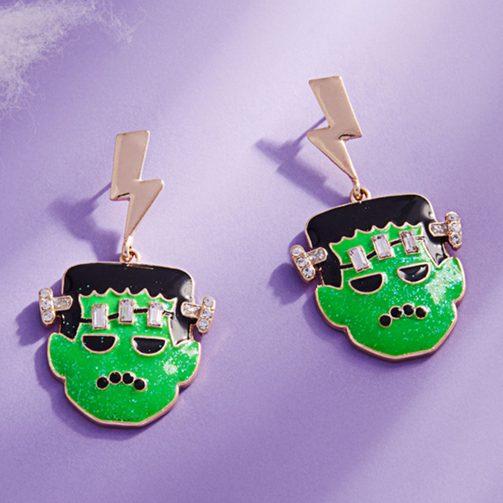 Stone Accent Glittered Enamel Halloween Lightning Bolt Frankenstein Dangle Earrings by Madeline Love