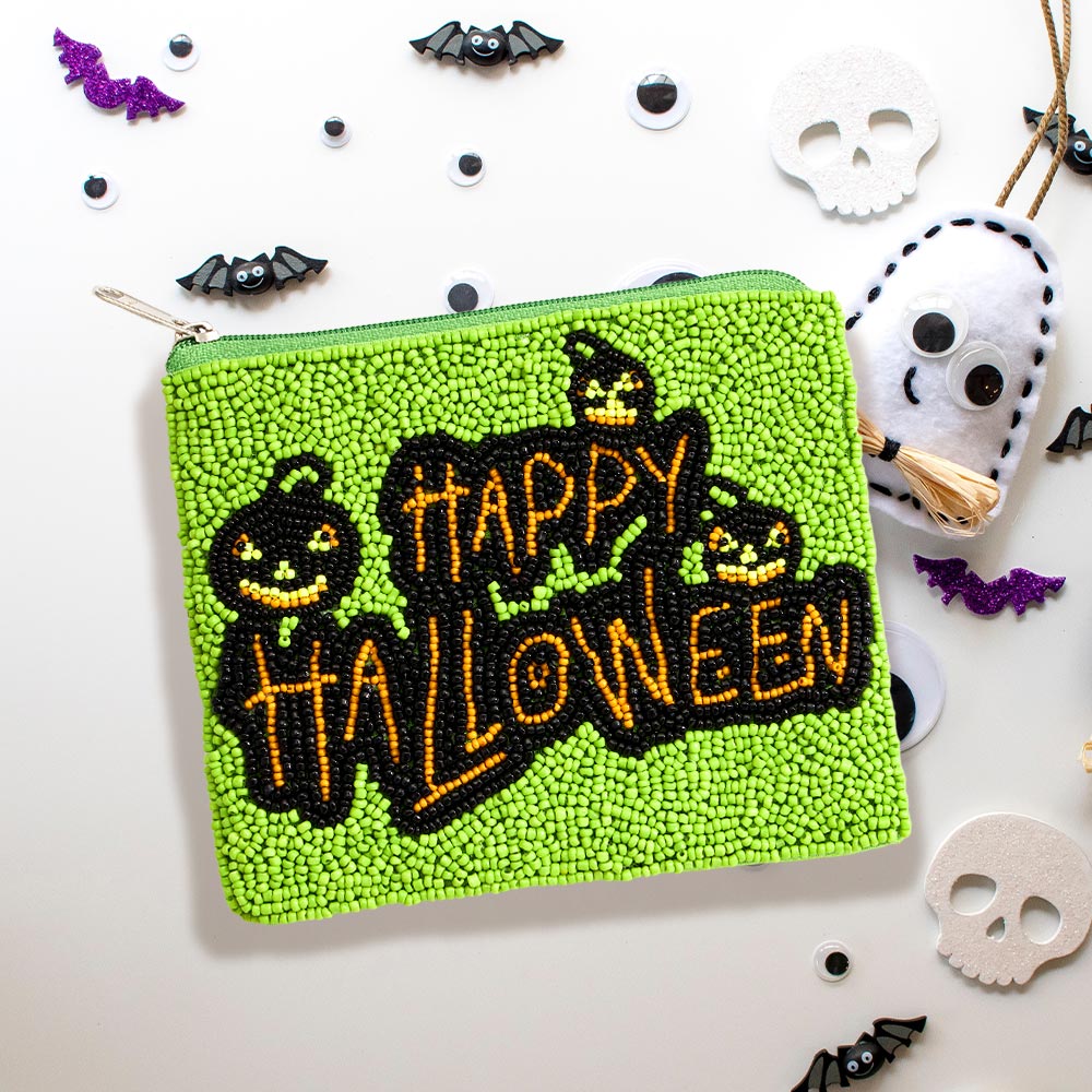 Happy Halloween Message Seed Beaded Halloween Mini Pouch Bag by Madeline Love