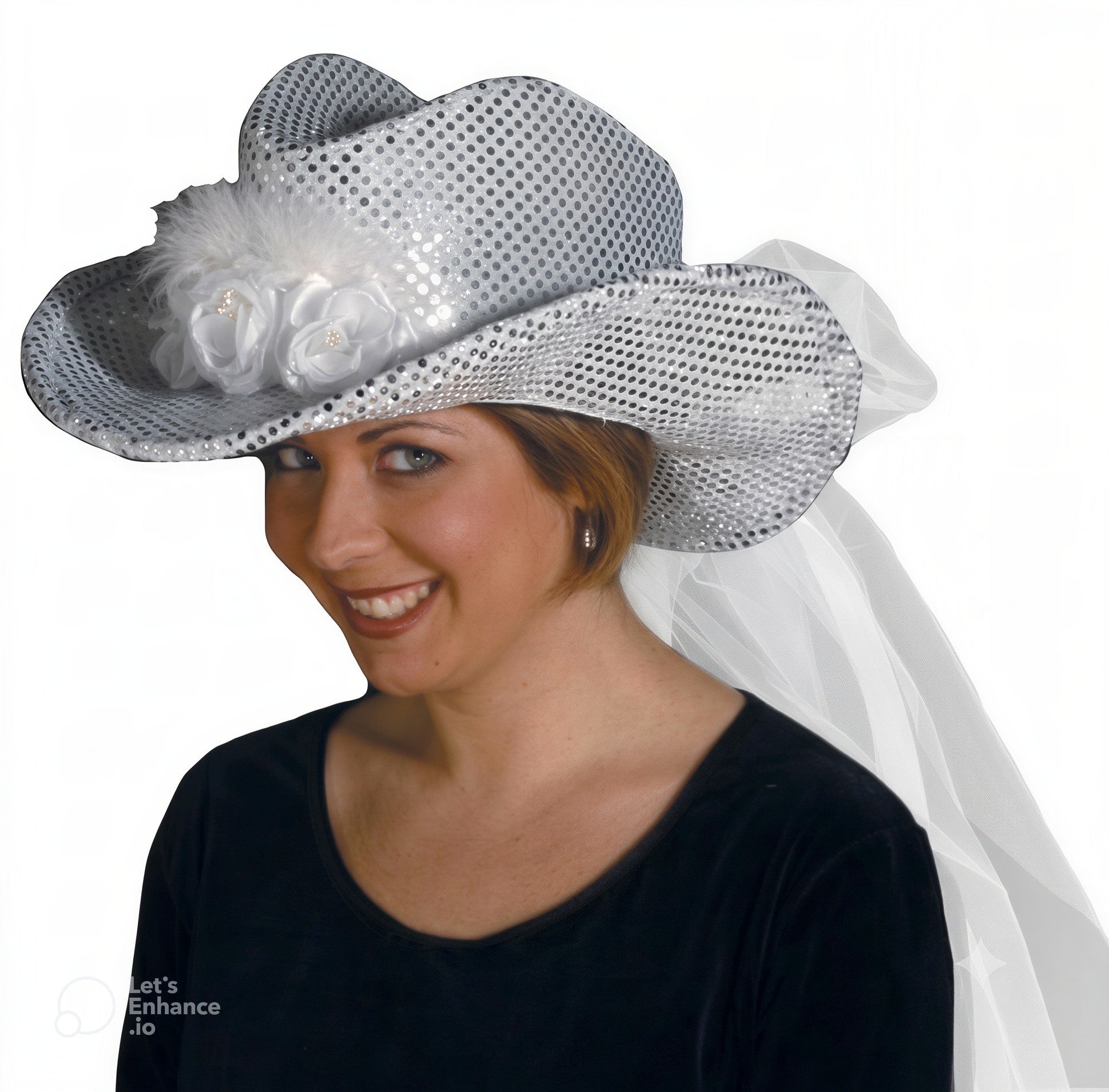Silver Sequin Cowgirl Bride Hat with Veil Adult Bachelorette Party Accessory by HalloweenStore.com