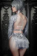 Sparkly Silver Crystal Rhinestone & Fringe Bodysuit Stage Performance Costume