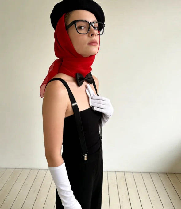 PESENAR French Mime Artist Costume Accessory Set with Beret, Red Scarf, Bow Tie, Glasses and White Gloves - Big Tim's Magic Emporium