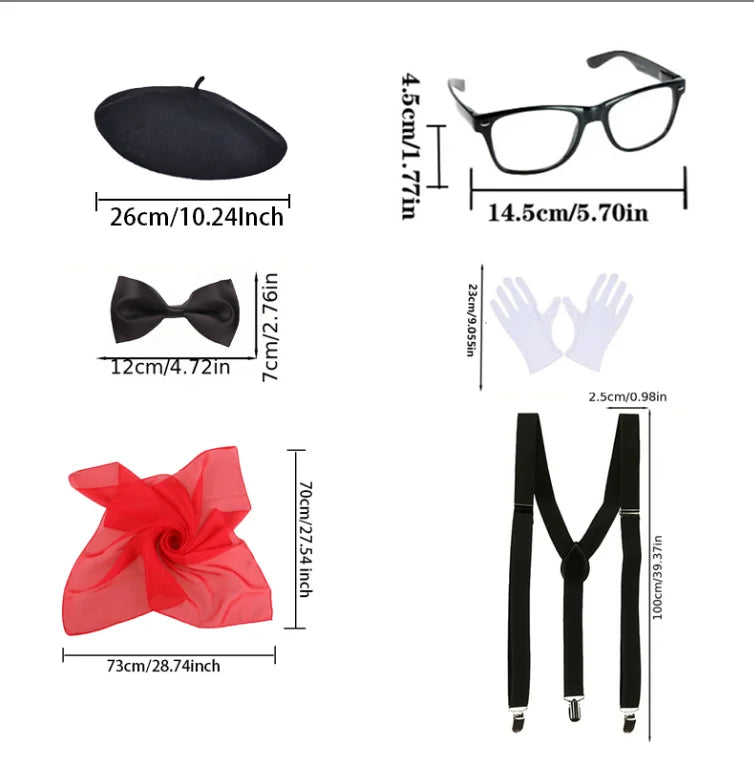 PESENAR French Mime Artist Costume Accessory Set with Beret, Red Scarf, Bow Tie, Glasses and White Gloves