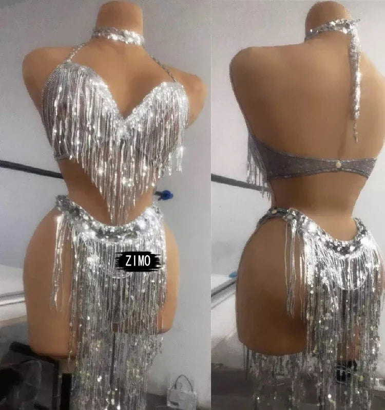 Silver Sequin Tassel Halter Bra & Shorts Stage Performance Set