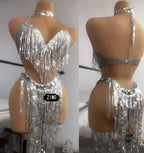 Silver Sequin Tassel Halter Bra & Shorts Stage Performance Set