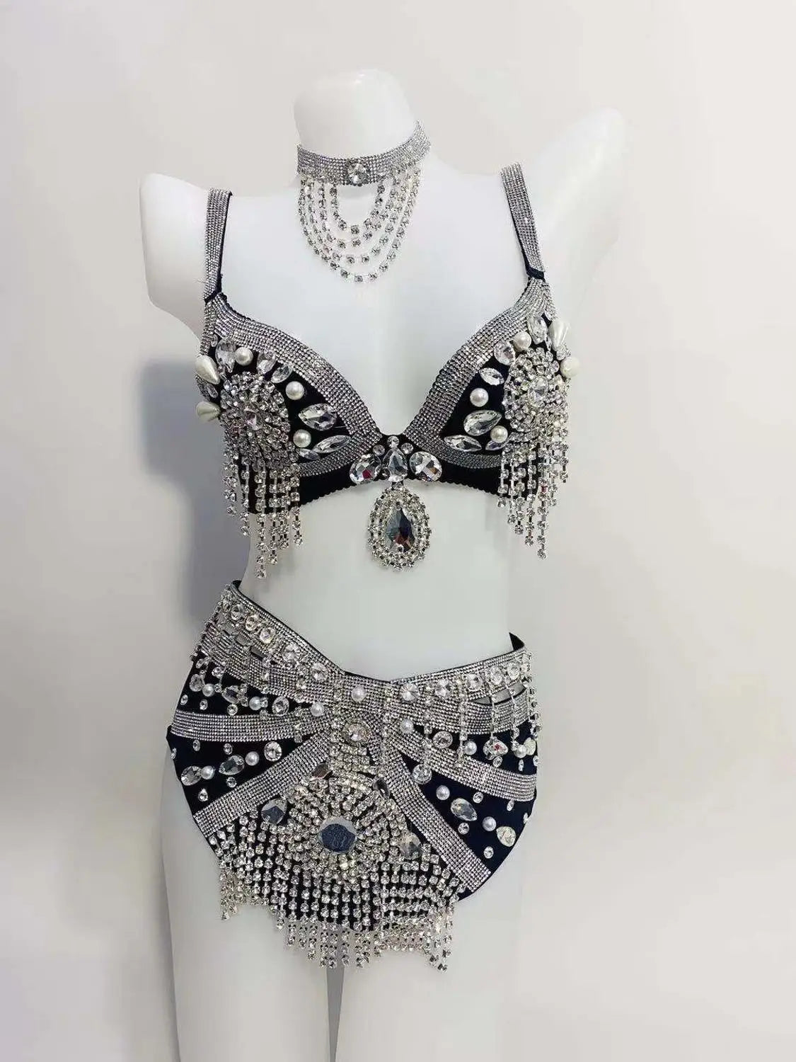 Sparkly Rhinestone Beading Tassel Bikini Sexy Nightclub Stage Wear Fringe Bra High Waist Short DJ Rave Outfit Nightclub Costume