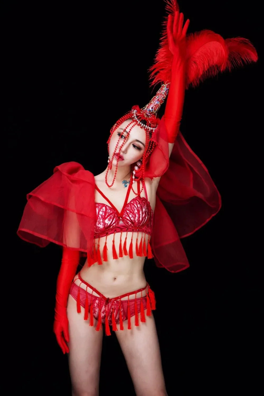 Red Feather Beading Headgear Bikini Dance Outfit Women Nightclub Party Show Stage Wear Bar Concert Singer Performance Costume