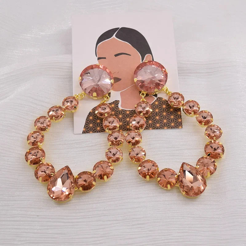 Sparkly Glass Crystal Oval Statement Drop Earrings Drag Queen Stage Jewelry