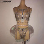 Sexy Nightclub DJ Pole Dance Bikini Costume Silver Rhinestones Rhinestones Chains Bra Shorts Skirt Rave Outfits Festival Clothes