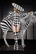 Houndstooth Geometric Print Bodysuit, Over-Knee Boots & Statement Hat 3-Piece Stage Costume Set
