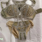 Sexy Nightclub DJ Pole Dance Bikini Costume Silver Rhinestones Rhinestones Chains Bra Shorts Skirt Rave Outfits Festival Clothes