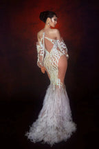 Silver Glitter Sequin Mesh Floor-Length Showgirl Gown – Glamour Stage Performance & Evening Gala Dress