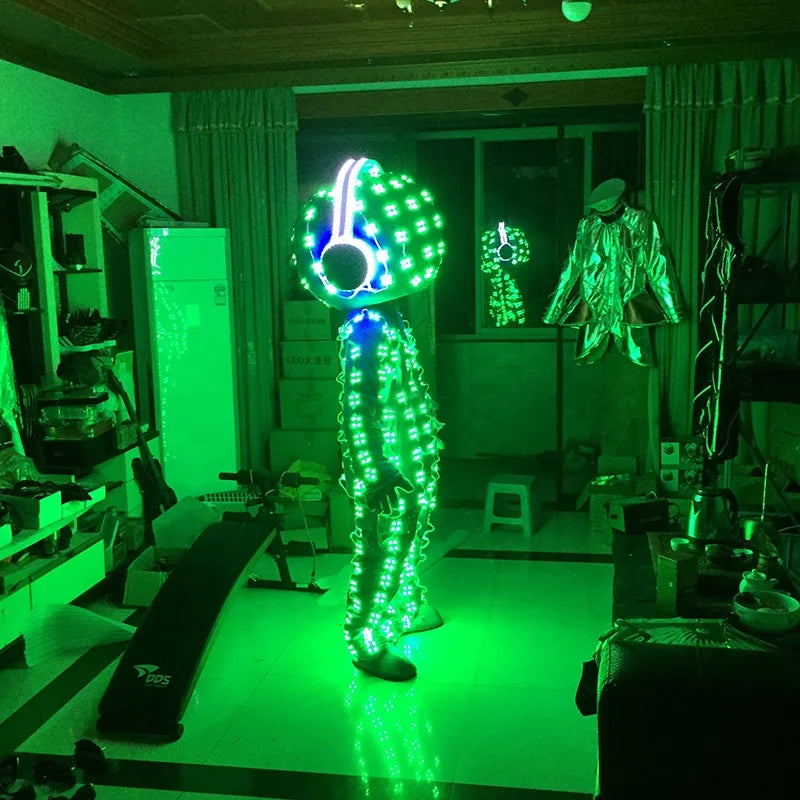 LED Light Illuminated Robot Suit Armor Luminous Cosplay Costume Clothing with Headphone for Night Club Party or KTV