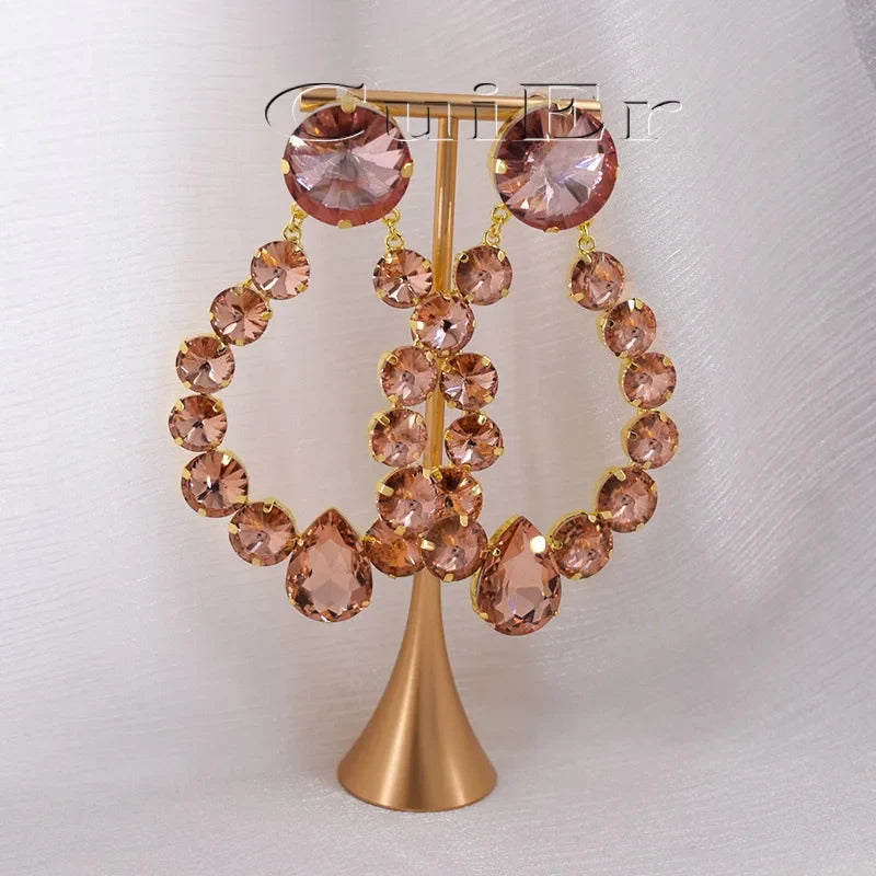 Sparkly Glass Crystal Oval Statement Drop Earrings Drag Queen Stage Jewelry