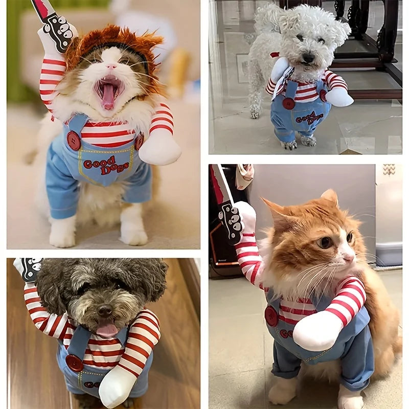 Halloween Summer Spring Striped Funny Bloody Doll with Knife Dog Costume for Holiday Party Pet Supplies - Big Tim's Magic Emporium