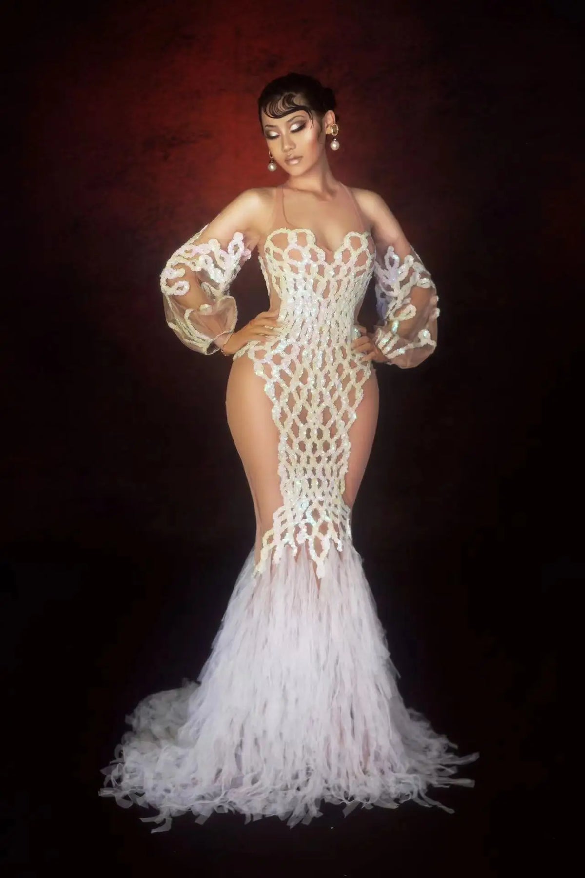 Silver Glitter Sequin Mesh Floor-Length Showgirl Gown – Glamour Stage Performance & Evening Gala Dress