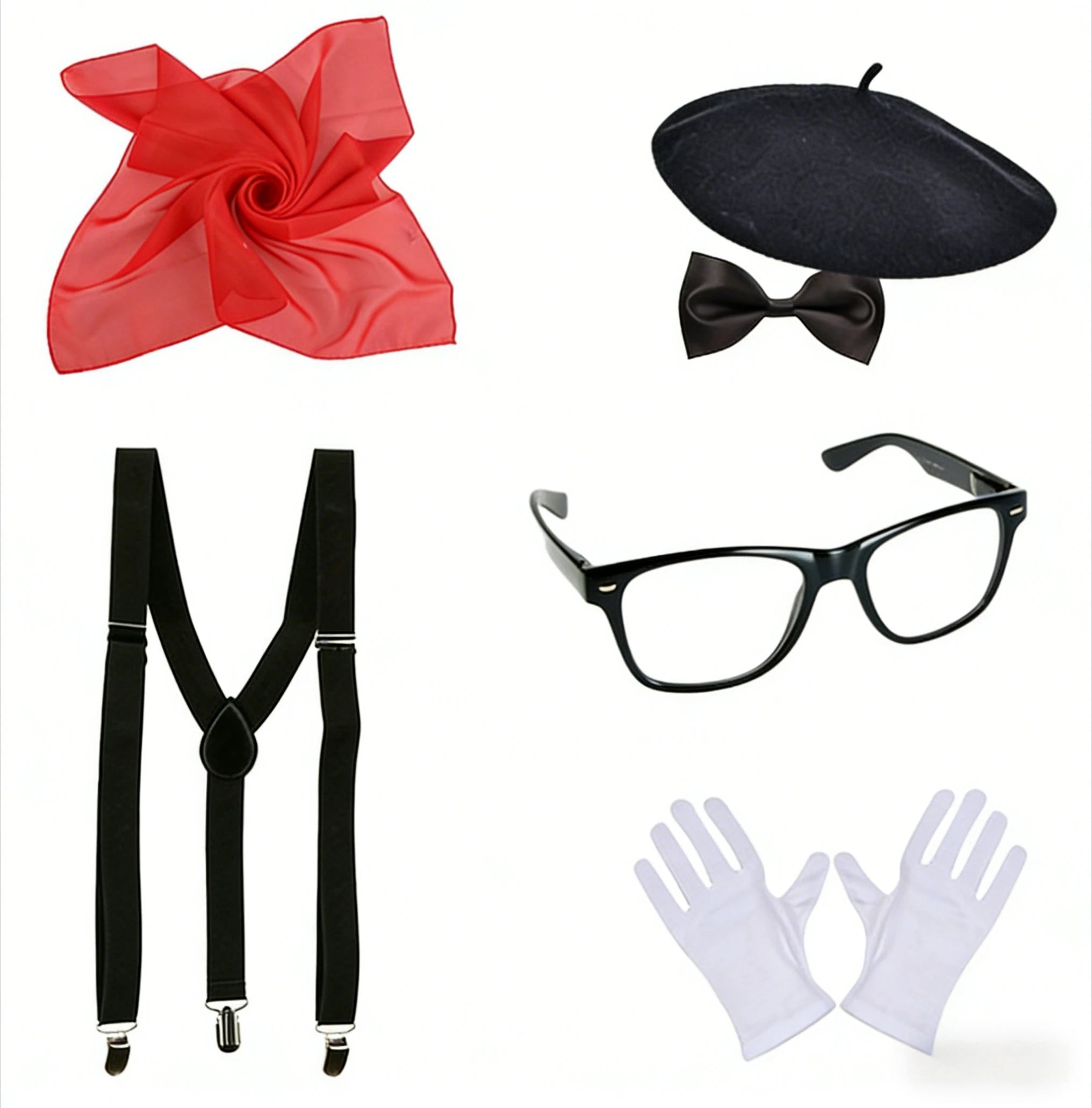 PESENAR French Mime Artist Costume Accessory Set with Beret, Red Scarf, Bow Tie, Glasses and White Gloves