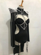 Black Rivet Chain Epaulet Cloak Showgirl Bodysuit Set – Glamour Stage Performance Costume