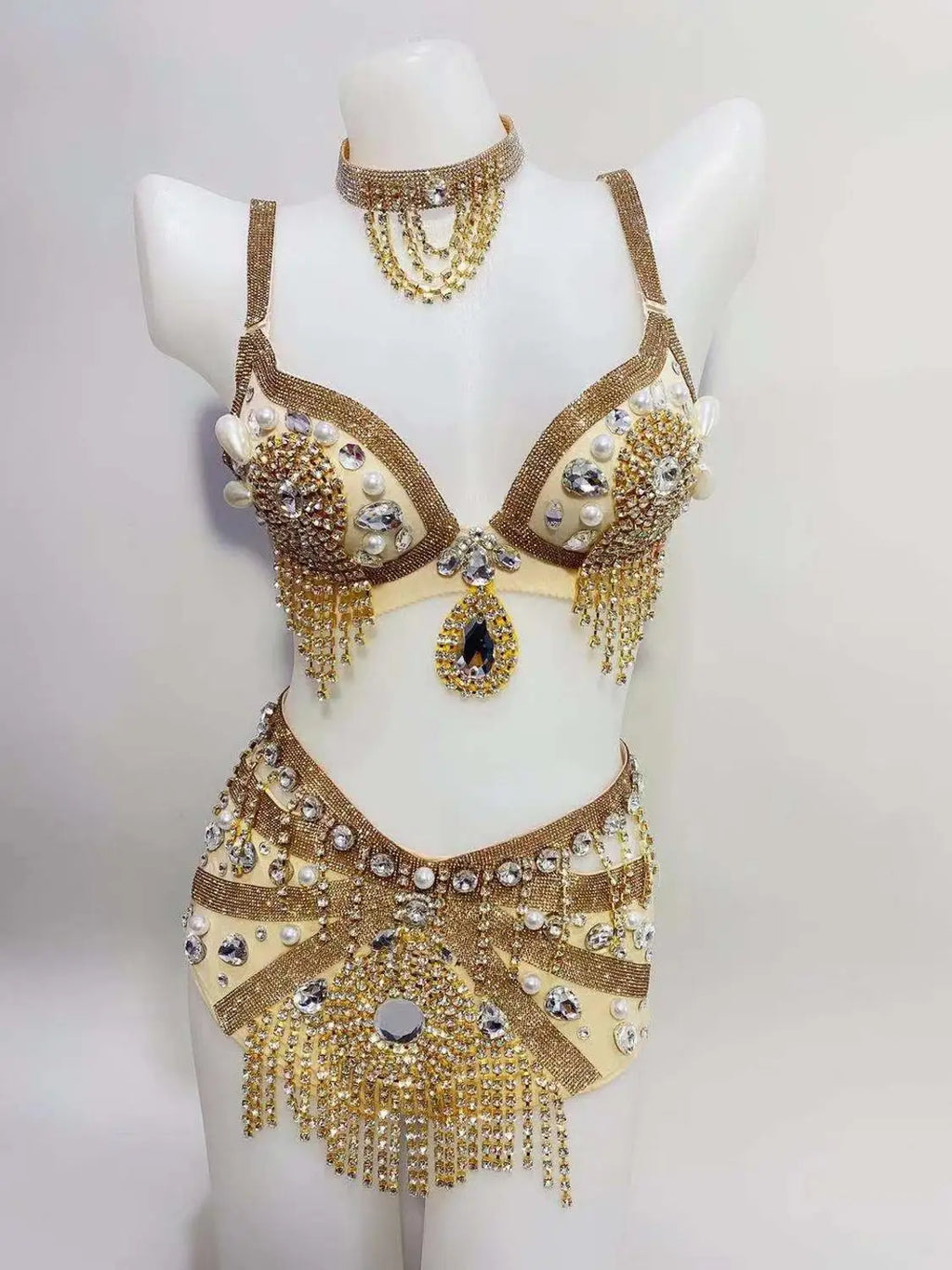Sparkly Rhinestone Beading Tassel Bikini Sexy Nightclub Stage Wear Fringe Bra High Waist Short DJ Rave Outfit Nightclub Costume