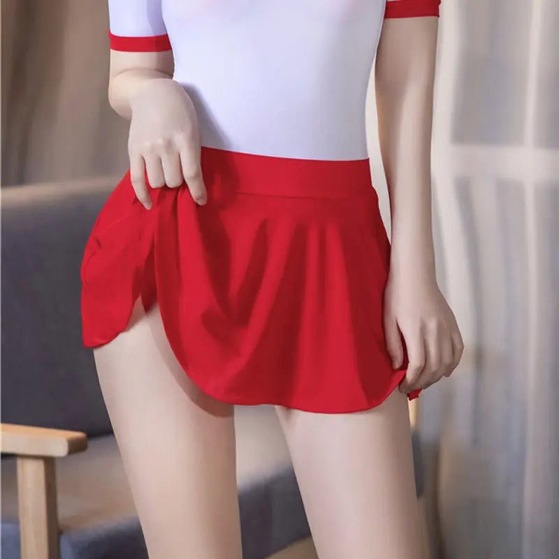 Shiny Sheer A-Line Pleated Micro Mini Skirt & Matching Bodysuit Set