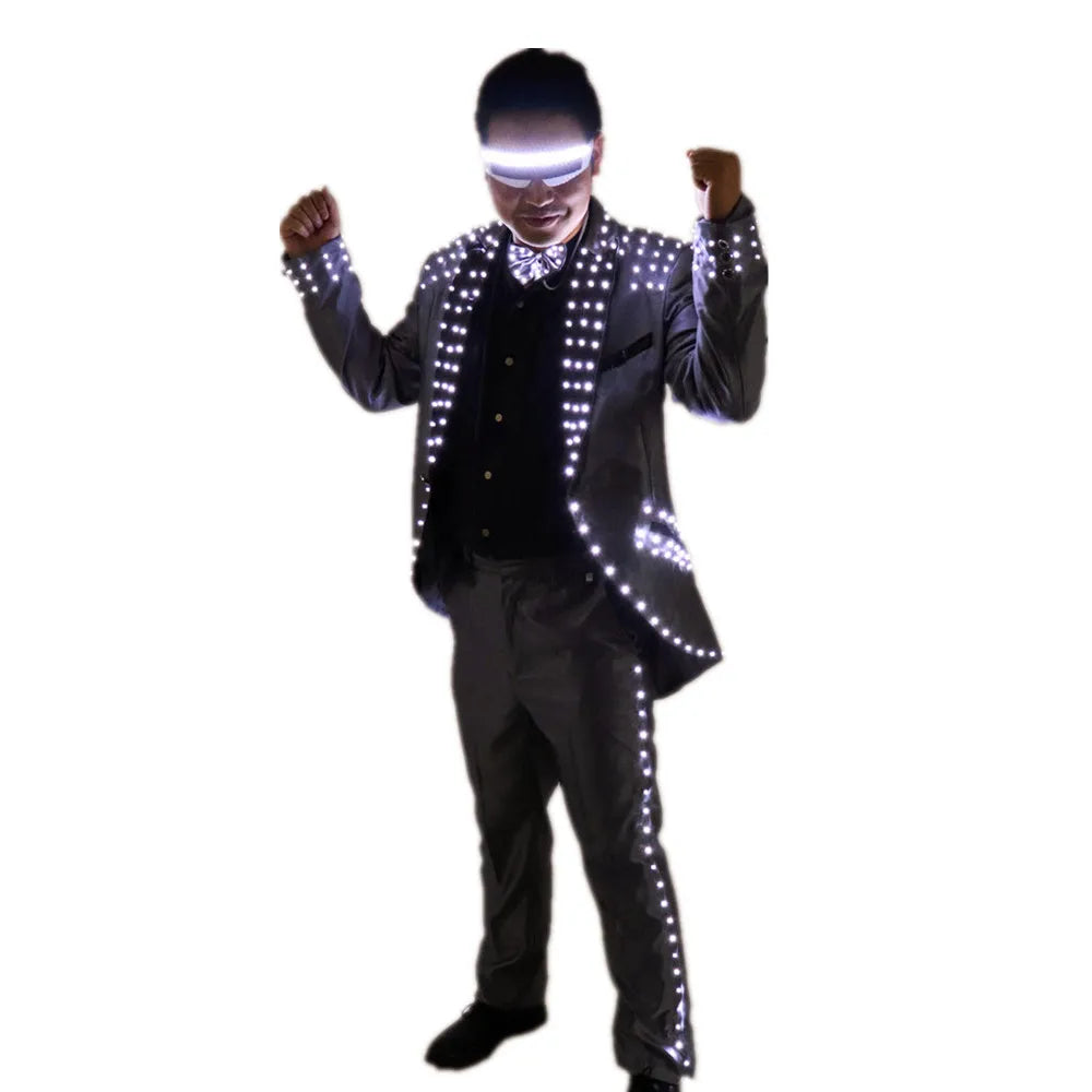 Unisex LED Host Suit Luminous Tuxedo and Magician Costumes PU Material for Wedding Ceremonies and Party Show Stage
