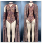 Wild Glam Leopard Print Gogo Bodysuit & Flowing Cape Set