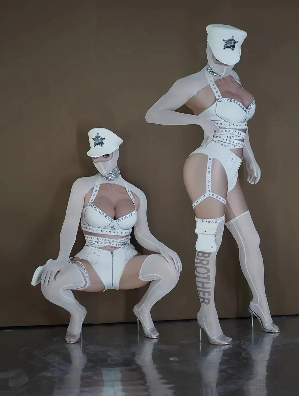 White Cyber Military Commander Bodysuit & Harness Set Men's & Women's Stage Dance Costume