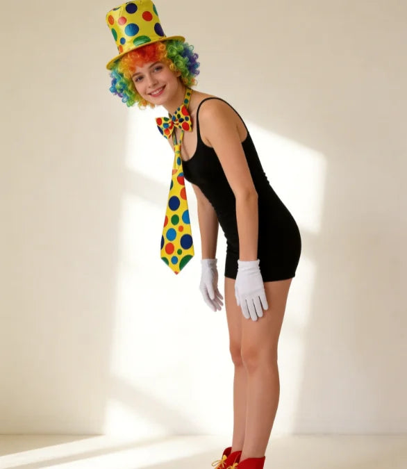 PESENAR Clown Costume Accessory Set With Rainbow Wig, Polka Dot Top Hat and Clown Shoes - Big Tim's Magic Emporium