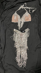 Silver Sequin Tassel Halter Bra & Shorts Stage Performance Set