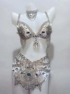 Sparkly Rhinestone Beading Tassel Bikini Sexy Nightclub Stage Wear Fringe Bra High Waist Short DJ Rave Outfit Nightclub Costume