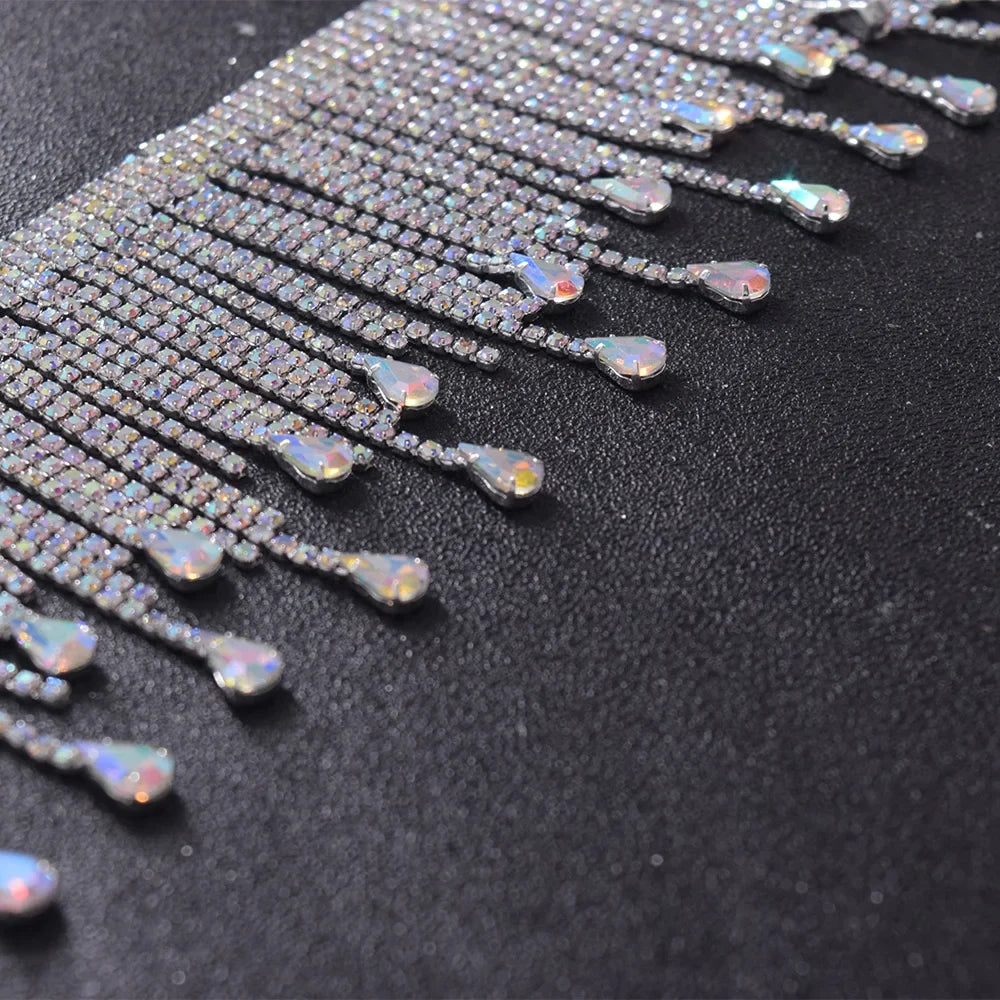 5YDS Crystal AB Rhinestone Fringe Trim 3.1" Tassel Applique Sew-On Stage Costume Border