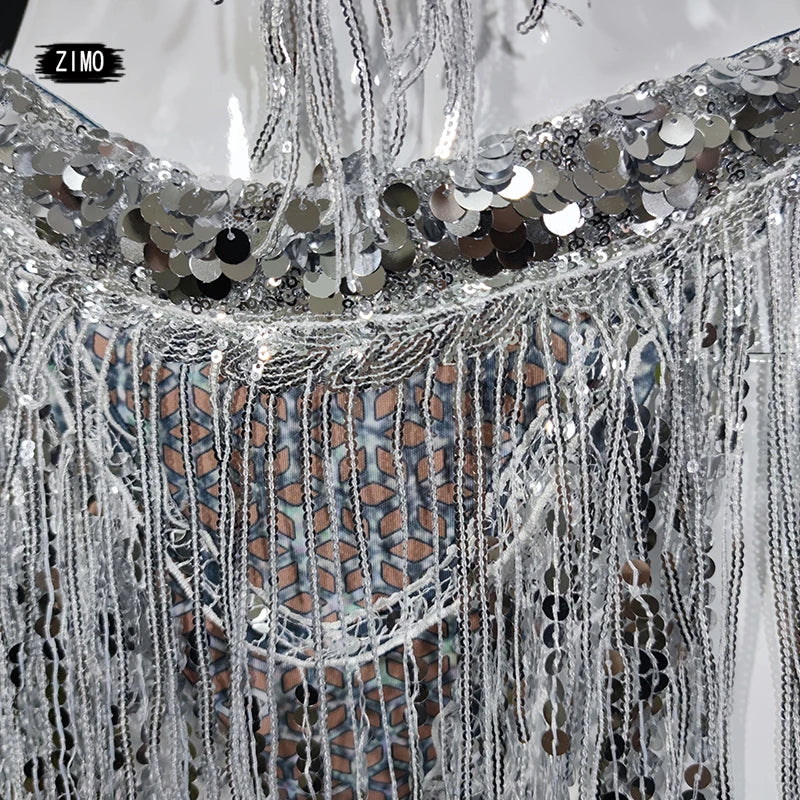 Silver Sequin Tassel Halter Bra & Shorts Stage Performance Set
