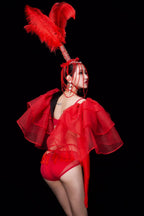 Red Feather Beading Headgear Bikini Dance Outfit Women Nightclub Party Show Stage Wear Bar Concert Singer Performance Costume