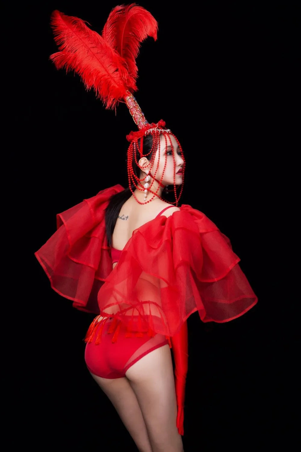 Red Feather Beading Headgear Bikini Dance Outfit Women Nightclub Party Show Stage Wear Bar Concert Singer Performance Costume