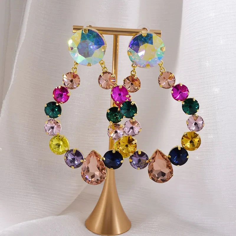 Sparkly Glass Crystal Oval Statement Drop Earrings Drag Queen Stage Jewelry