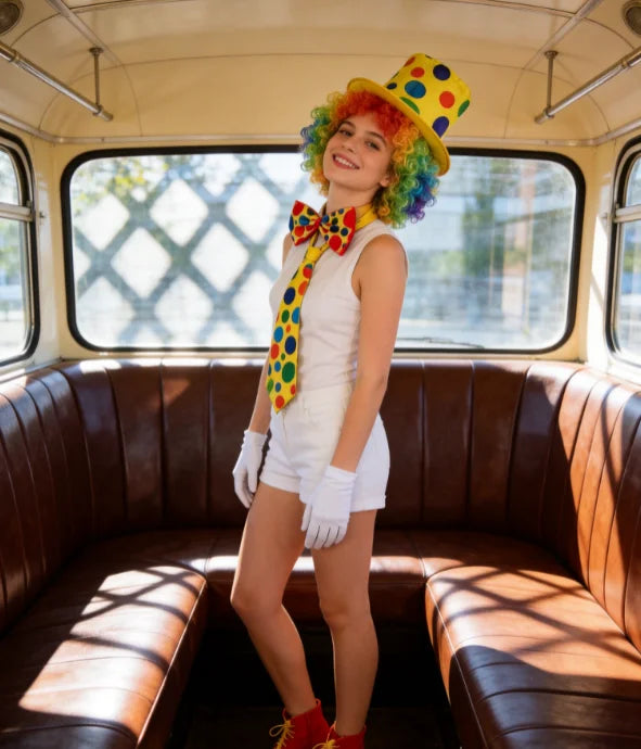 PESENAR Clown Costume Accessory Set With Rainbow Wig, Polka Dot Top Hat and Clown Shoes