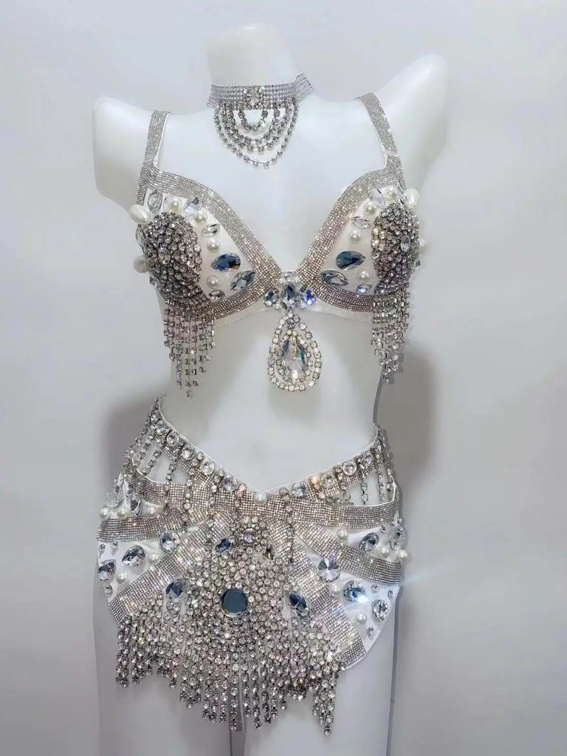 Sparkly Rhinestone Beading Tassel Bikini Sexy Nightclub Stage Wear Fringe Bra High Waist Short DJ Rave Outfit Nightclub Costume
