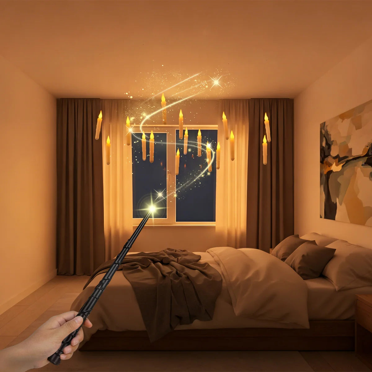 12/20PCS Floating Candles with Wand Remote Magic LED Hanging Taper Light Battery Operated Warm Yellow Candle Wedding Atmosphere