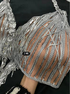 Silver Sequin Tassel Halter Bra & Shorts Stage Performance Set