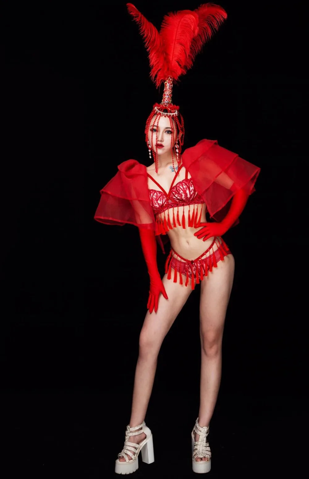 Red Feather Beading Headgear Bikini Dance Outfit Women Nightclub Party Show Stage Wear Bar Concert Singer Performance Costume