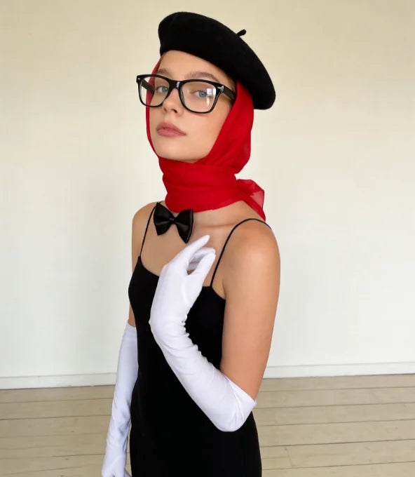 PESENAR French Mime Artist Costume Accessory Set with Beret, Red Scarf, Bow Tie, Glasses and White Gloves - Big Tim's Magic Emporium