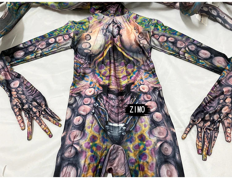 Halloween Cosplay party Show Thriller Alien Octopus Animal print Jumpsuit women man GOGO bar nightclub Stage Performance Costume - Big Tim's Magic Emporium