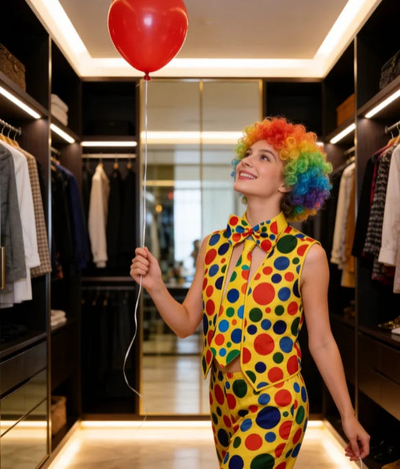 PESENAR Polka Dot Clown Costume Accessory Set with Rainbow Wig, Vest, Bow Tie, Tie and Red Nose - Big Tim's Magic Emporium